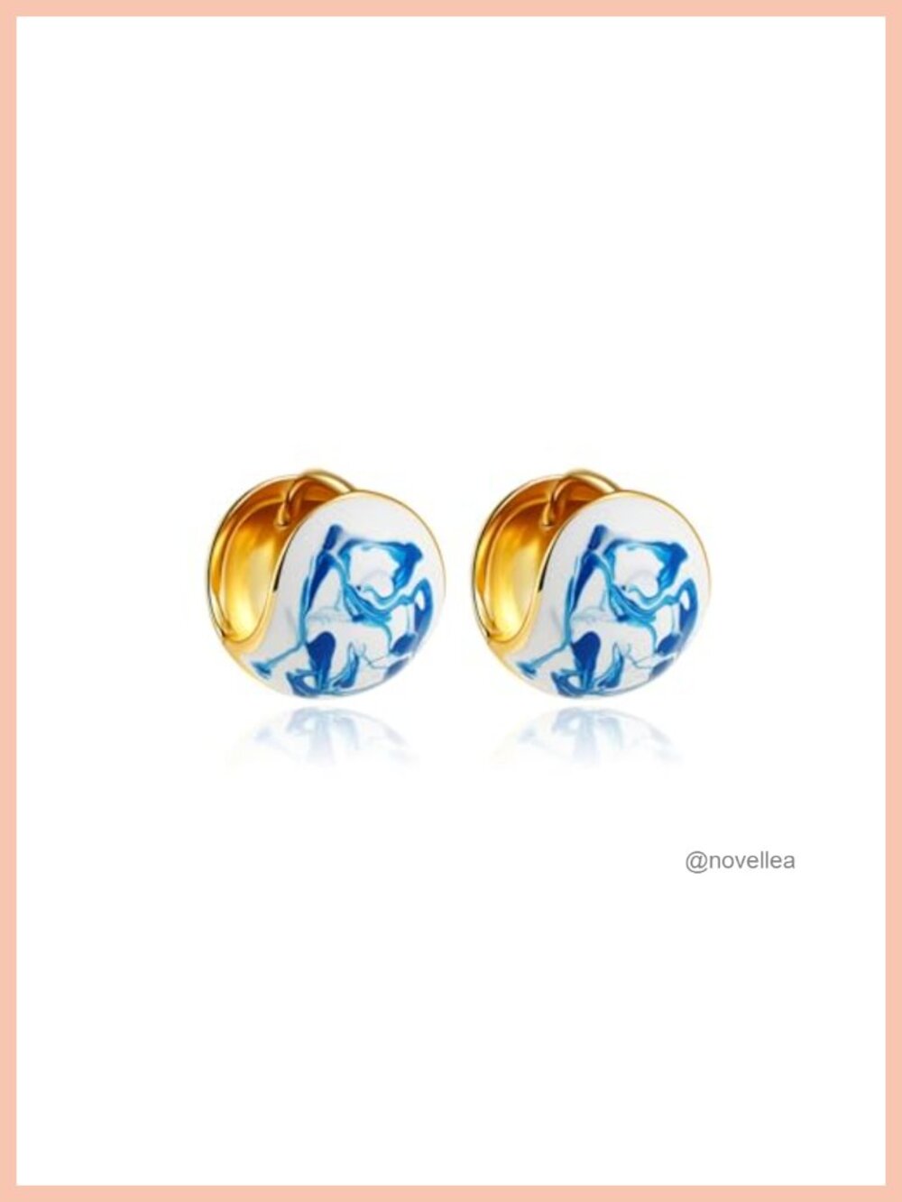 Ceramic Gold Hoop Earrings for Women Blue White Porcelain Antique Chunky